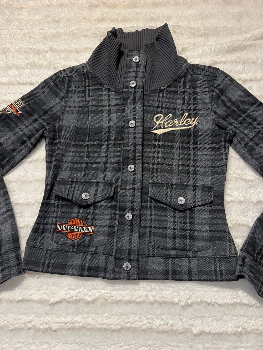 Vintage Harley-Davidson Woman’s Small, gray plaid cropped jacket, Y2K, excellent - Picture 3 of 16